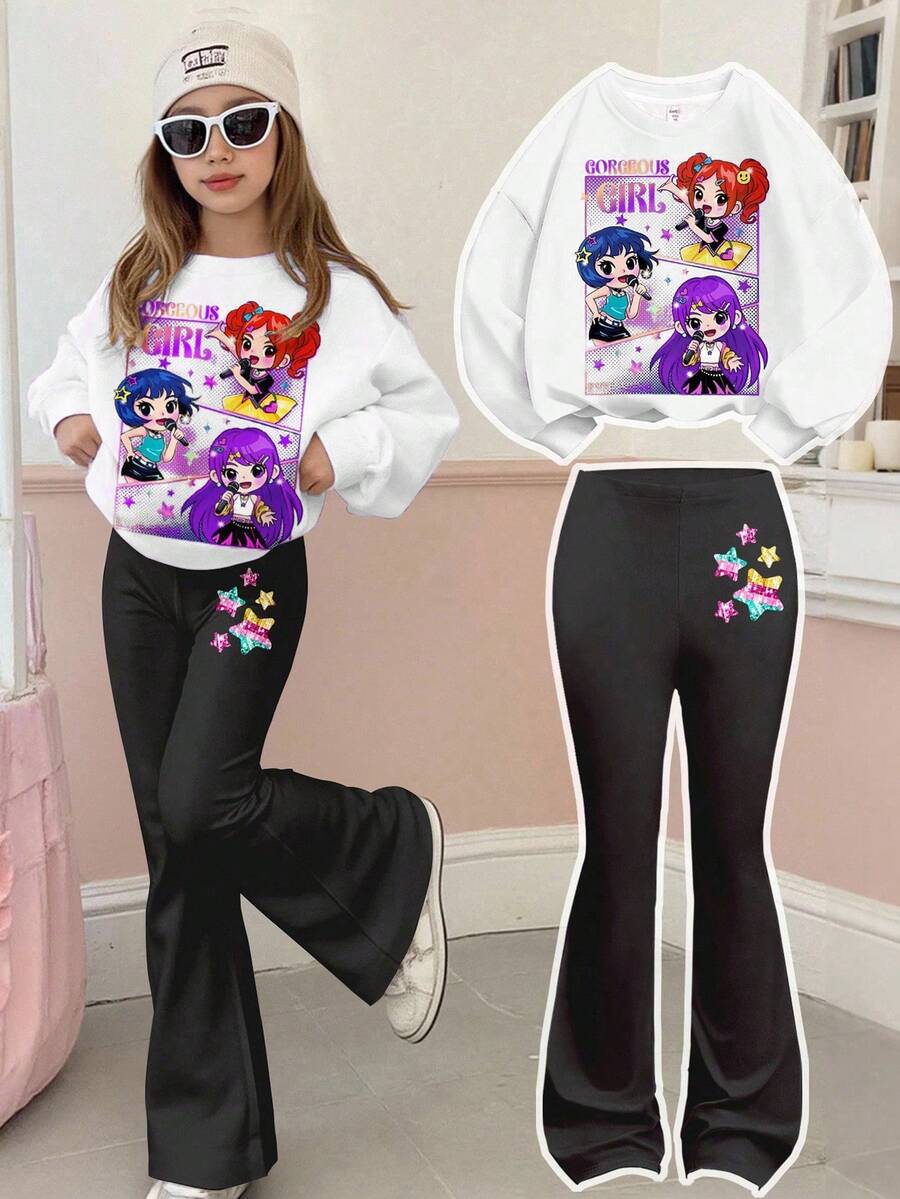 白色韩流卡通少女肖像休闲简约加厚柔软舒适宽松圆领长袖卫衣和喇叭长裤两件套,适合秋季穿着 - 彩色 - 查看 1