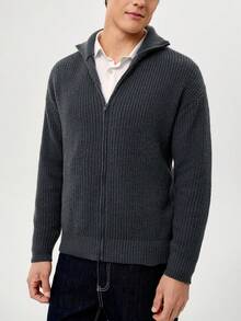 RONVEXI Cardigan tricoté zippé à manches longues, couleur unie minimaliste pour tous les jours, automne/hiver - Gris foncé - Voir 2