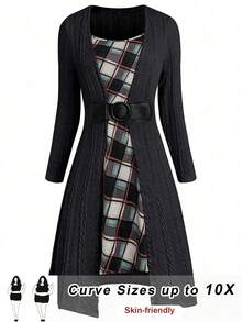 SHEIN CURVE+ 加大码针织提花格纹印花两件套，秋冬款 - 黑色 - 查看 1