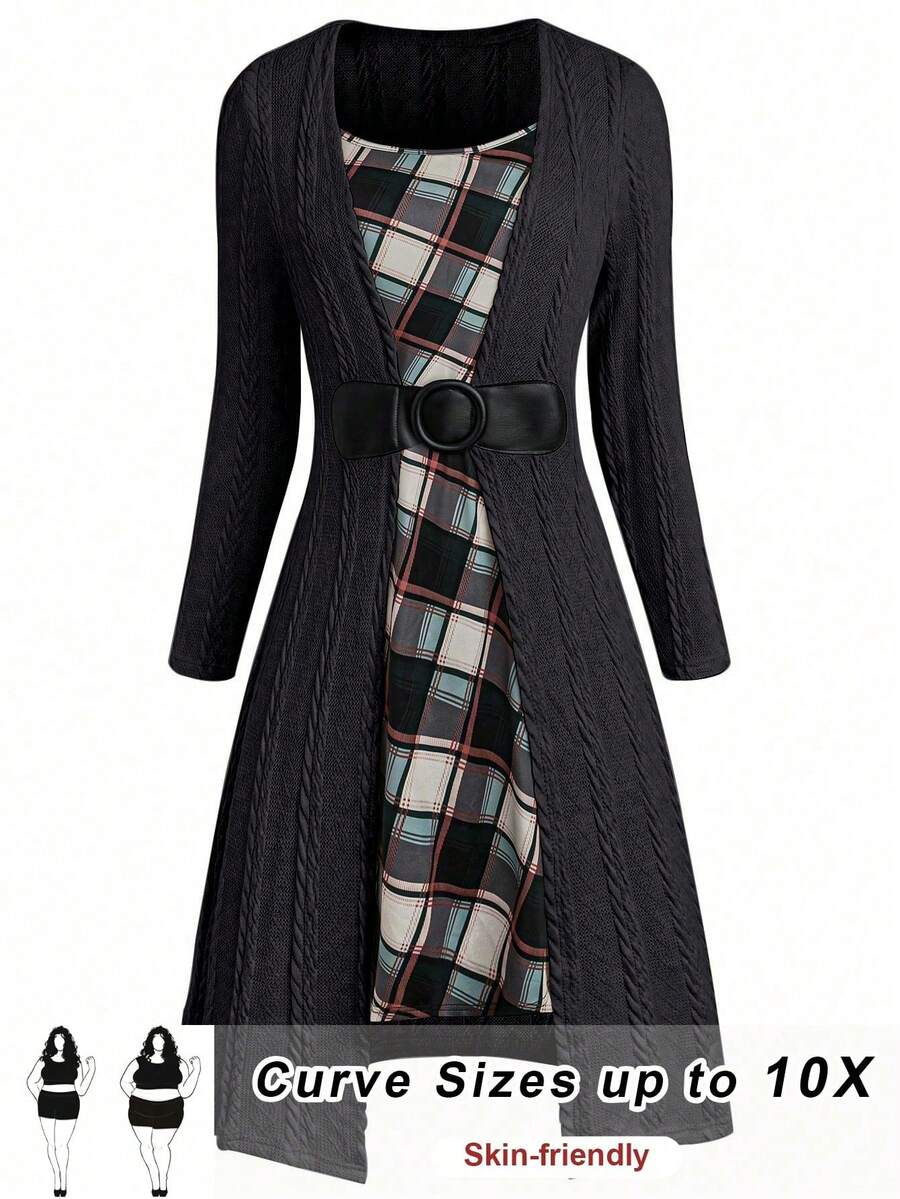 SHEIN CURVE+ 加大码针织提花格纹印花两件套，秋冬款 - 黑色 - 查看 1