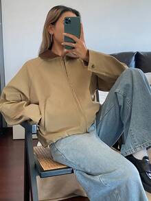 DAZY 小众设计实用夹克开衫短外套，女士常规夹克 - 卡其色 - 查看 8