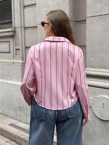 SHEIN EZwear 大码女式条纹长袖单排扣休闲/工作衬衫 - 粉色 - 查看 2