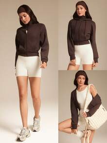 GLOWMODE Fleece Cozy Soft Ribbed Cuffs Hem Thumbholes Detachable Hood Cropped Zip-Up Sweatshirt Daily Casual Wear Fall Winter - Brown - View 10