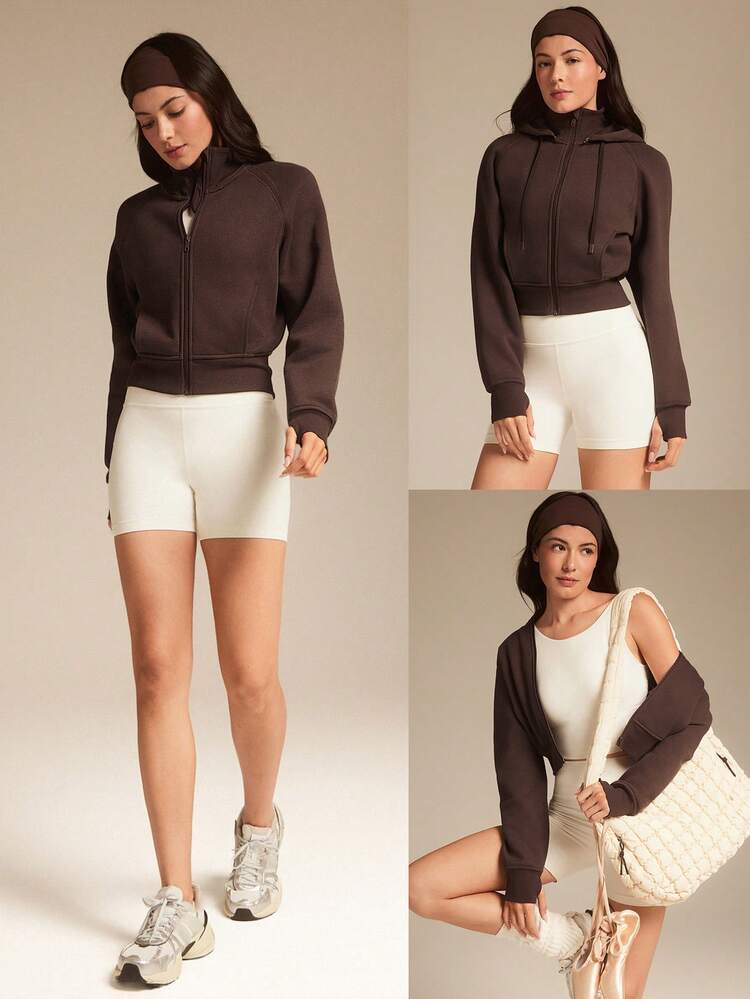 Fleece Cozy Soft Ribbed Cuffs Hem Thumbholes Detachable Hood Cropped Zip-Up Sweatshirt Daily Casual Wear Fall Winter