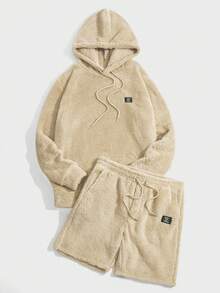 EASEVO 加大码男士字母贴布抓绒连帽衫短裤套装，秋冬款