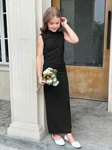 SHEIN Serisse Kids Váy xếp ly bên hông không tay cổ tròn màu trắng trơn đơn giản cho bé gái tuổi mới lớn - màu đen - Xem 8