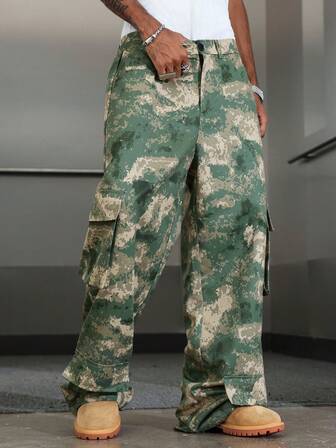 Street Life Pantaloni militari verdi a gamba dritta con sfumatura, pantaloni lunghi stile militare vintage con tasche multiple, stile strada
