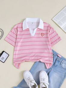 Casuvi Kids 1pc Girls' Sweet & Fresh Striped Polo Collar Short Sleeve T-Shirt (Heart Embroidery On Chest), Regular Thickness, Casual, Summer - Pink - View 3
