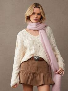 WESTFADE Mixed Stitch V Neck Relaxed Fit Long Sleeve Cable Knit Sweater Fall, Autumn, Winter, Holiday, Christmas, Flannel, New Years Eve, NYE - Apricot - View 1