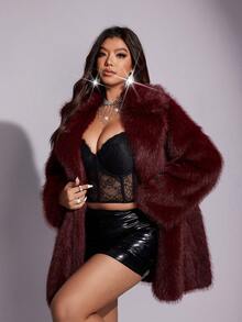 Allurite Mantel Bulu Imitasi Wanita Musim Dingin Warna Polos Kerah Lengan Panjang Longgar Modis Panjang Sedang - Burgundy - View 3