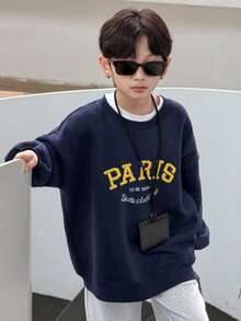 DAZY Tween Boy Letter Embroidery Round Neck Drop Shoulder Long Sleeve Casual Loose Sweatshirt, Autumn/Winter - Navy Blue - View 4