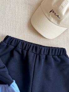 PrepCrw 2pcs Young Girls Elegant Urban School Style Outfit, Featuring Contrast Bow Accent Crew Neck Sweatshirt And Pants Set In Light Blue And Navy, Suitable For Back To School, Casual Outings, Gatherings, Holidays, Autumn And Winter,Judy Hopps Costume Kids Girl Navy Color Block T Shirt And Pants Set Matching Sets For Girls Blue Kids Outfit - Navy Blue - View 7