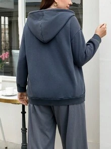 SHEIN LUNE Plus Size Women's Solid Color Drop Shoulder Hooded Drawstring Zip-Up Casual Versatile Sweatshirt,Winter Christmas For Women Party Hooded - Dark Grey - View 2