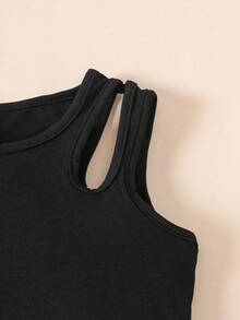 SHEIN ChillGRL Tween Girl Hollow Out Top & Denim Skirt 2pcs Set, Casual Summer Outfit - Black - View 4