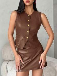 Firerie Spring/Summer New Elegant Chic Commuting Office Outfit Retro Modern Street Wear Ankla Wine Red PU Suit, Round Neck Waist Cinched Sleeveless Metal Button Split Hem PU Vest & PU Mini Skirt Set Leather Button Dress Sleeveless Leather Dress - Brown - View 4