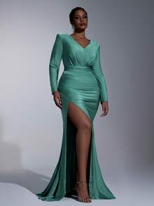 Elitara Vestido elegante y lujoso de talla grande para otoño e invierno con cuello en V profundo, hombros rectos, mangas largas, plisado asimétrico delantero, abertura alta tipo sirena, adecuado para cena, baile, cita, vacaciones, boda y eventos de noche - Verde - Ver 1