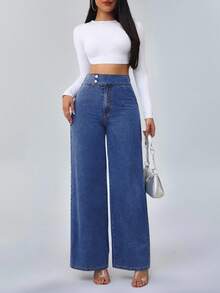 SHEIN PETITE CURVE 大码秋季秋冬装返校节万圣节圣诞节可爱街头装商务休闲女装乡村复古朴素老派商务休闲女装工作服女士教师服装教堂服装女士纯色纽扣门襟休闲百搭阔腿蓝色牛仔裤 - 中等水洗藍 - 查看 5