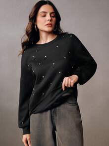 Anewsta Black Oversized Crew Neck Rivet Embellished Long Sleeve Sweatshirt, Suitable For Fall, Winter, New Year, Party, Wedding, Elegant, Chic, Stylish - Black - View 5