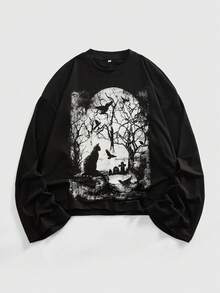 ROMWE MEN Anime Men's Oversized Gothic Dark Pattern Long Sleeve T-Shirt - Black - View 1