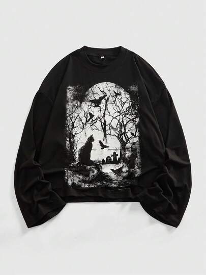 Street Life قميص تي شيرت بأكمام طويلة بنمط داكن مقاس كبير للرجال