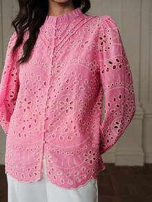 Aveloria Rosie Nueva blusa casual de estilo francés para otoño con bordado intrincado, diseño calado y detalle de volante plisado, de manga larga - Rosa - Ver 6