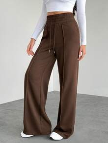SHEIN Tall Women's Solid Color Drawstring Waist Wide Leg Loose Casual Sweatpants Graduation,Back To School,Graduation,Teacher For Women,Back To School - Brown - View 8