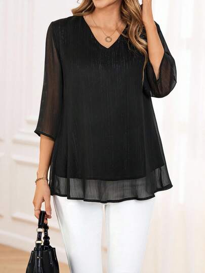 Miaspire 女士纯色V领网纱七分袖宽松上衣，春夏休闲穿搭