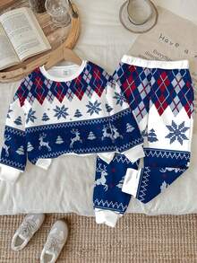 SHEIN 两件套男童宽松休闲舒适长袖卫衣裤套装，适合秋冬季节穿着，经典圣诞印花图案包括圣诞老人、圣诞树、雪人、礼物、驯鹿、雪花等。 - 彩色 - 查看 2