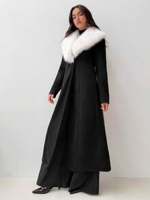 Aloruh Women's Elegant Long Overcoat With Fur Collar, Autumn/Winter Winter Elegant Casual - Black - View 4
