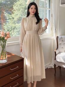 DAZY Women's Elegant Solid Color Tie Collar Puff Sleeve Mid-Length Dress, Autumn/Winter - Apricot - View 5