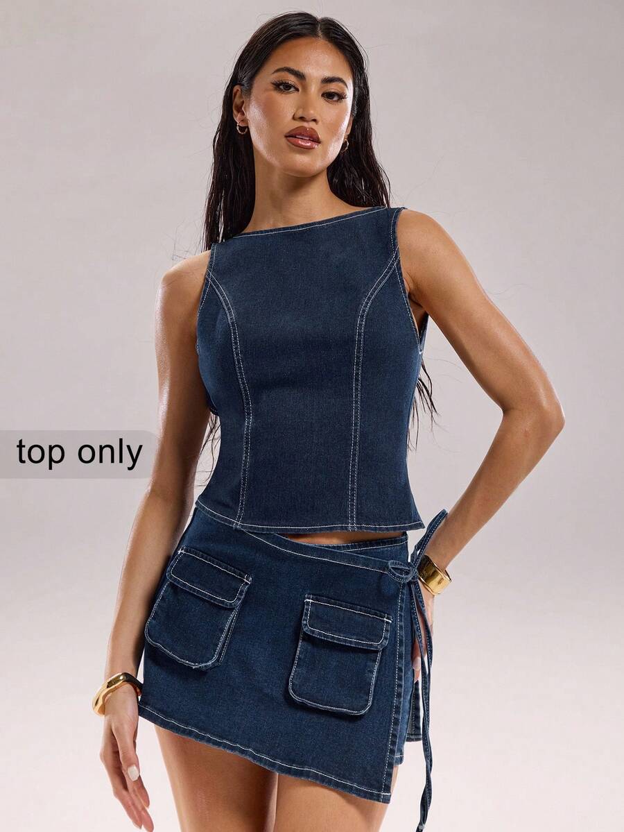 SHEIN BAE 女士休闲圆领无袖牛仔衬衫，适合日常穿着