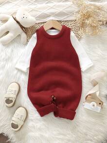 SHEIN 绿色婴儿连体衣 | 背心式连体服，休闲简约日常风格，柔软舒适，适合正在学爬的婴儿 - 酒紅色 - 查看 1