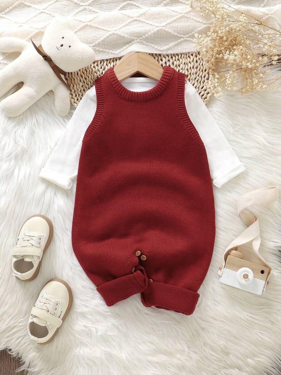 SHEIN 绿色婴儿连体衣 | 背心式连体服,休闲简约日常风格,柔软舒适,适合正在学爬的婴儿 - 酒紅色 - 查看 1
