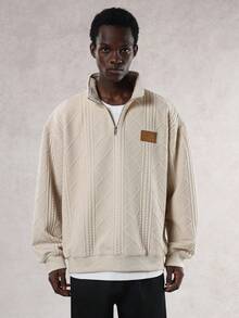DAZY Textured Fabric Pullover Sweatshirt With Half-Zip Design For Men, Beige, Autumn - Light Khaki - View 3