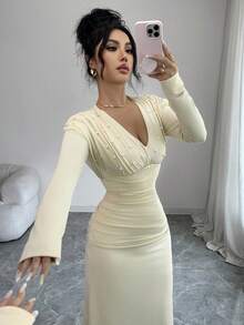 Rafferiza 女士优雅V领仿珍珠装饰长裙，秋季 - 杏色 - 查看 6