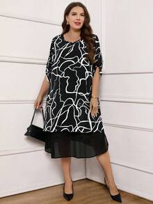 Miaspire 加大码女式妈妈几何拼接荷叶边袖宽松连衣裙，冬季服装，冬季连衣裙