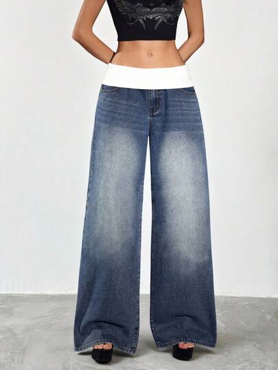 Flexra 大码女式撞色腰带阔腿宽松休闲牛仔裤