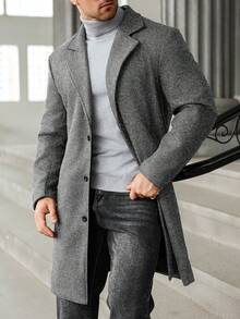 Manfinity Homme Plus Size Men's Casual Solid Color Notched Collar Single-Breasted Wool Blend Coat, Autumn/Winter Men Long Coat Cashmere Men S Clothing Men Outerwear - Light Grey - View 3