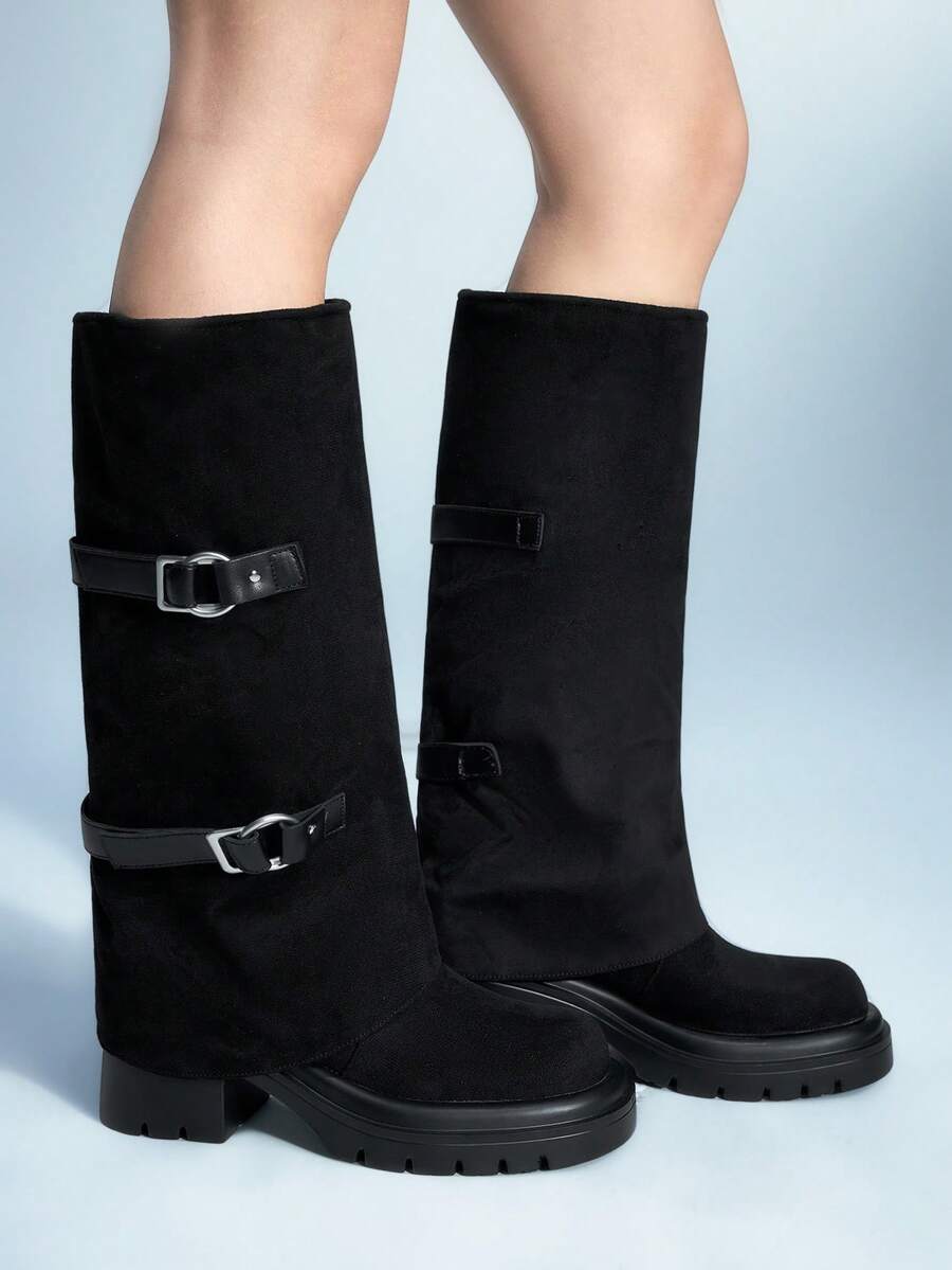 Sugerpunk Women's Fashion Versatile Commute Chunky Heel Knee-High Boots For Christmas - Black - View 1