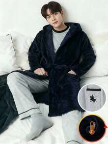 3pcs Set Navy Blue Bathrobe & Solid Gray Plush Pajamas, Small Logo Design For Tween BoySleepwear Homewear Set - Multicolor - View 1