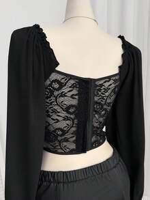 Comfortcana Plus Size Women Lantern Sleeve Lace Patchwork Square Collar Padded Blouse, Romantic For Dates And Parties, Autumn/Winter Black Babydoll Top