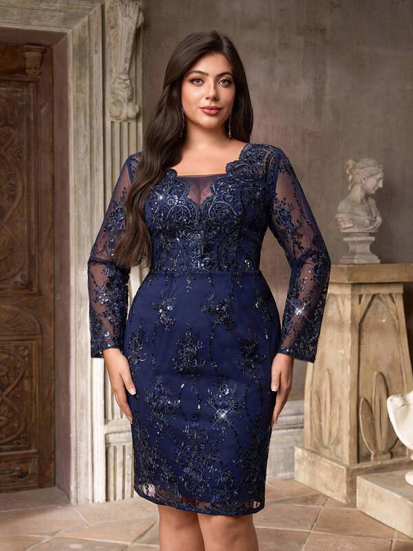 Aureia Plus Size Elegant Romantic Navy Blue Deep V-Neck Long Sleeve Sheer Floral Embellished Mesh Bodycon Cocktail Dress