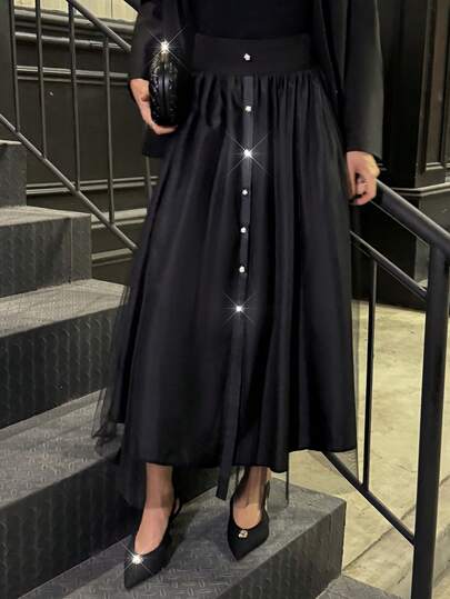 Elyressa 女士优雅网眼拼布纽扣装饰休闲通勤裙