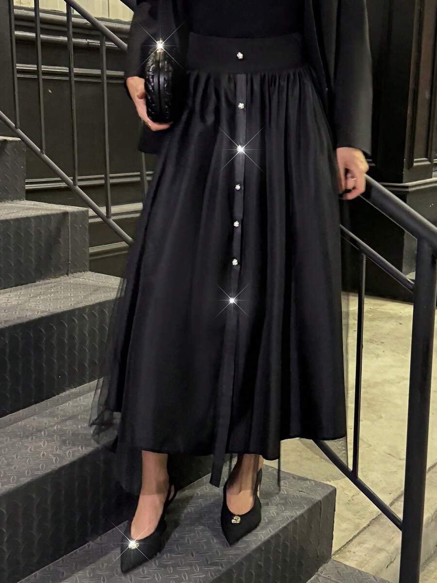 Elyressa 女士优雅网眼拼布纽扣装饰休闲通勤裙 - 黑色 - 查看 1