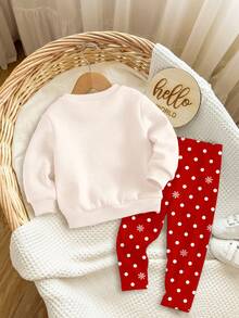 两件套女婴可爱卡通蝴蝶结小鹿印花加厚柔软舒适长袖卫衣和雪花印花打底裤套装，适合秋冬季日常穿着、圣诞派对、新年、外出、居家等场合。 - 彩色 - 查看 2