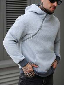 Manfinity CasualCool 男士秋冬连帽卫衣，斜拉链二合一设计，立领，纯色百搭男士连帽衫，休闲男士套头衫，男士拉链连帽衫，适合日常休闲、周末旅行、户外活动、探险旅行、轻松的工作环境或半正式场合，也是送给男友/丈夫、周年纪念日或圣诞节的理想礼物，长袖上衣 - 灰色 - 查看 4