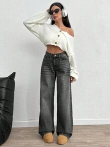 EURMUSE Pantalones vaqueros de tiro alto, pierna ancha, estilo Y2K, corte holgado para mujer - Gris Claro - Ver 3