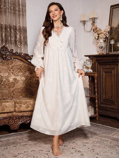 PalaceNights Geborduurde Neck Bowknot Loose Fit Mid Length Long Sleeve Women Nightgown, Fall view 5