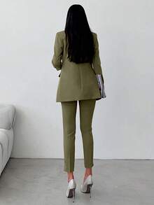 SHEIN Cottnline Women's Solid Color Long Sleeve Jacket And Pants Suit - Olive Green - View 2