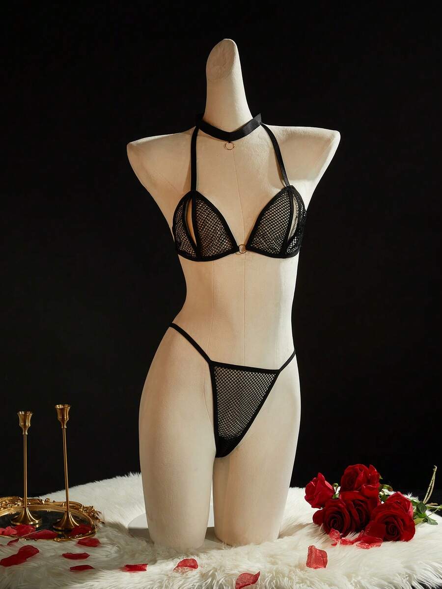 SpicyHot 2pcs/Set Women's Extremely Sexy Wireless Mesh Bra Set - Black - View 1